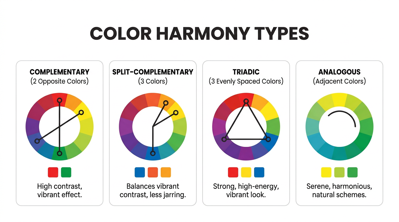 Color harmony types: complementary, split-complementary, triadic, analogous