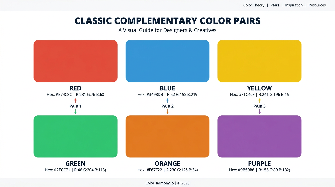 Classic complementary pairs: red-green, blue-orange, yellow-purple