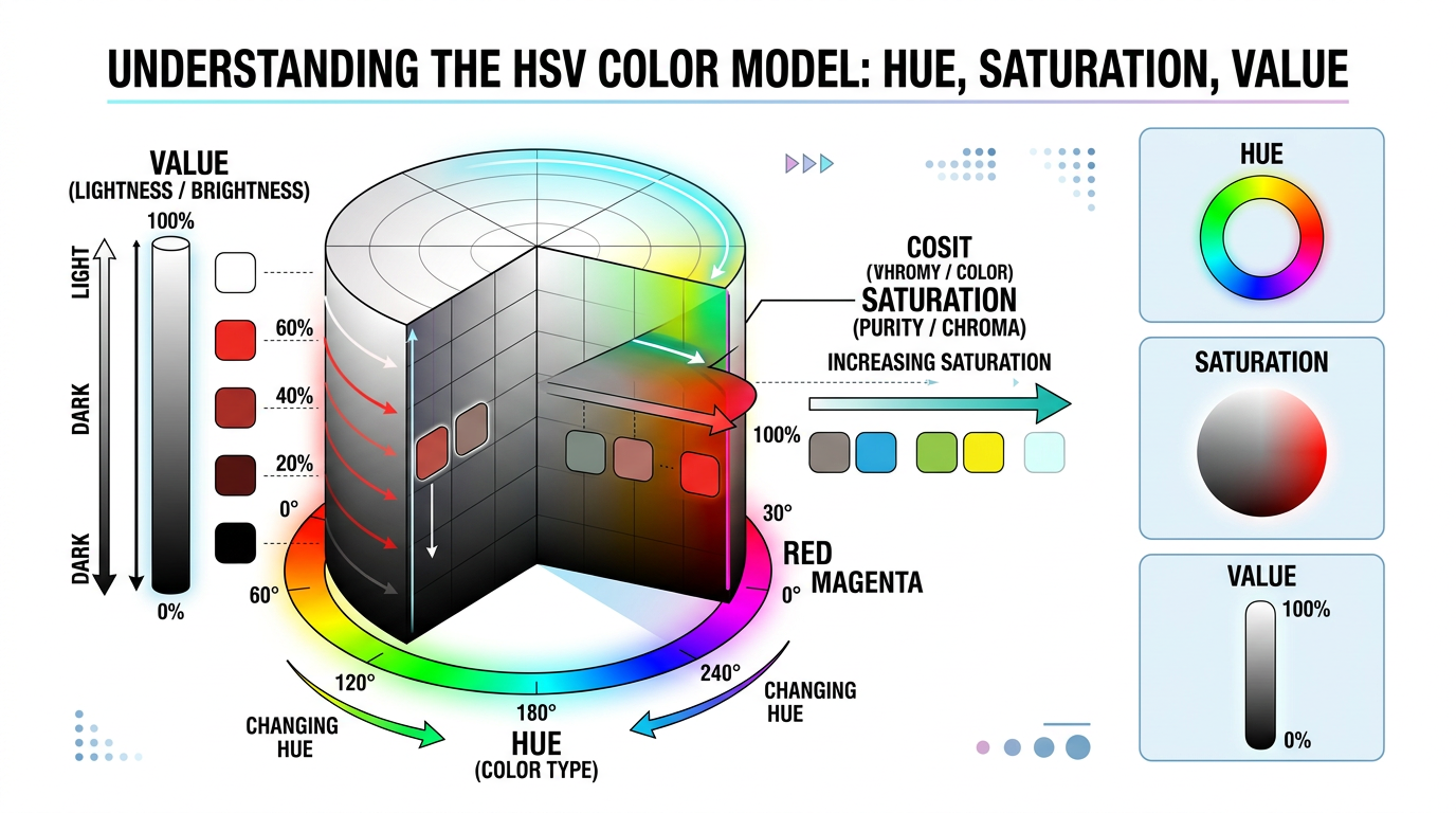 Hue, saturation, and value (HSV) color model diagram