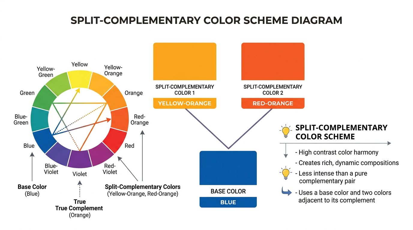 Split-complementary color scheme: base color plus two adjacent to complement