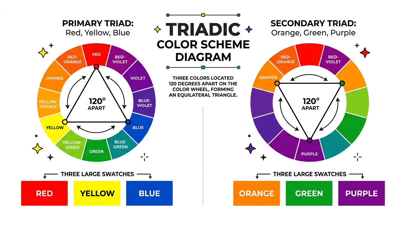 Triadic color scheme: three colors 120° apart on the wheel