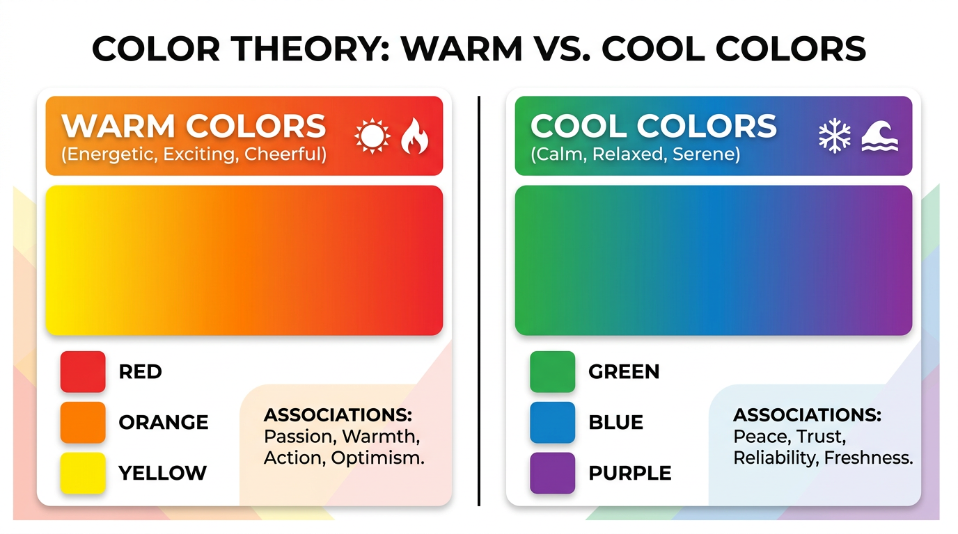 Warm colors (red, orange, yellow) vs cool colors (green, blue, purple)